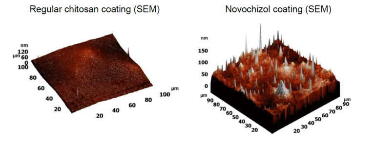 Rapid and high capacity binding, regular chitosan coating versus Novochizol coating