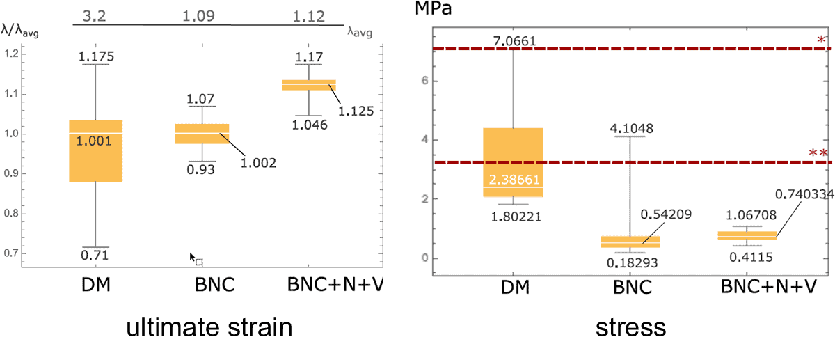 In vitro and in vivo investigations, ultimate strain versus stress